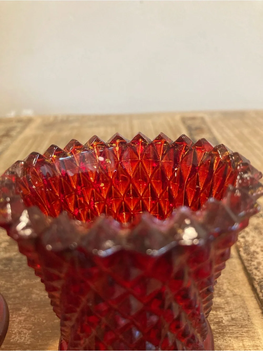 2 Pegged Glass Votive Holders Vintage Red Painted Diamond Pattern 70s-80s Decor